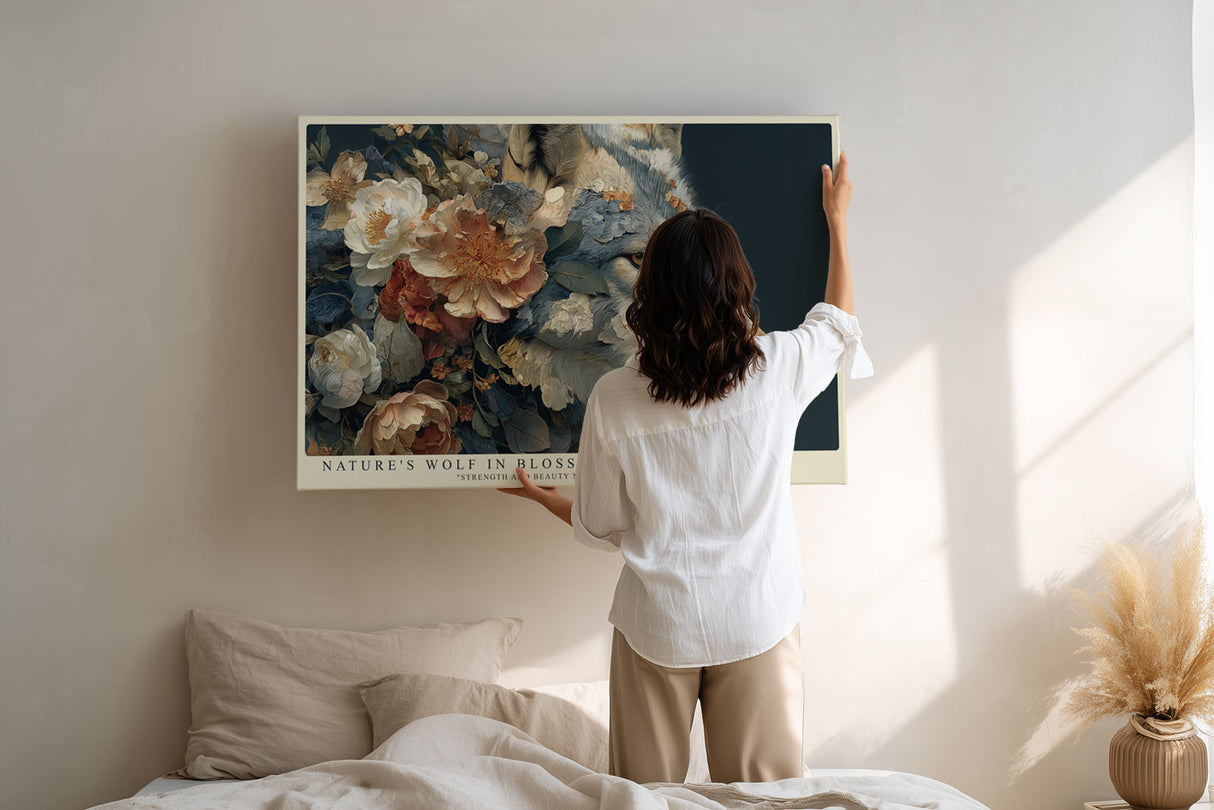 Paul Sinus Wandbild Nature’s Wolf in Blossoms kunstvolles Tiermotiv mit Wolf und floralen Elementen in zarter Harmonie