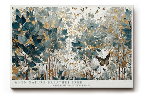 Paul Sinus Wandbild 120x80cm Naturillustration Blaetter und Schmetterlinge in Blau Gold Botanische Kunst Wanddekoration