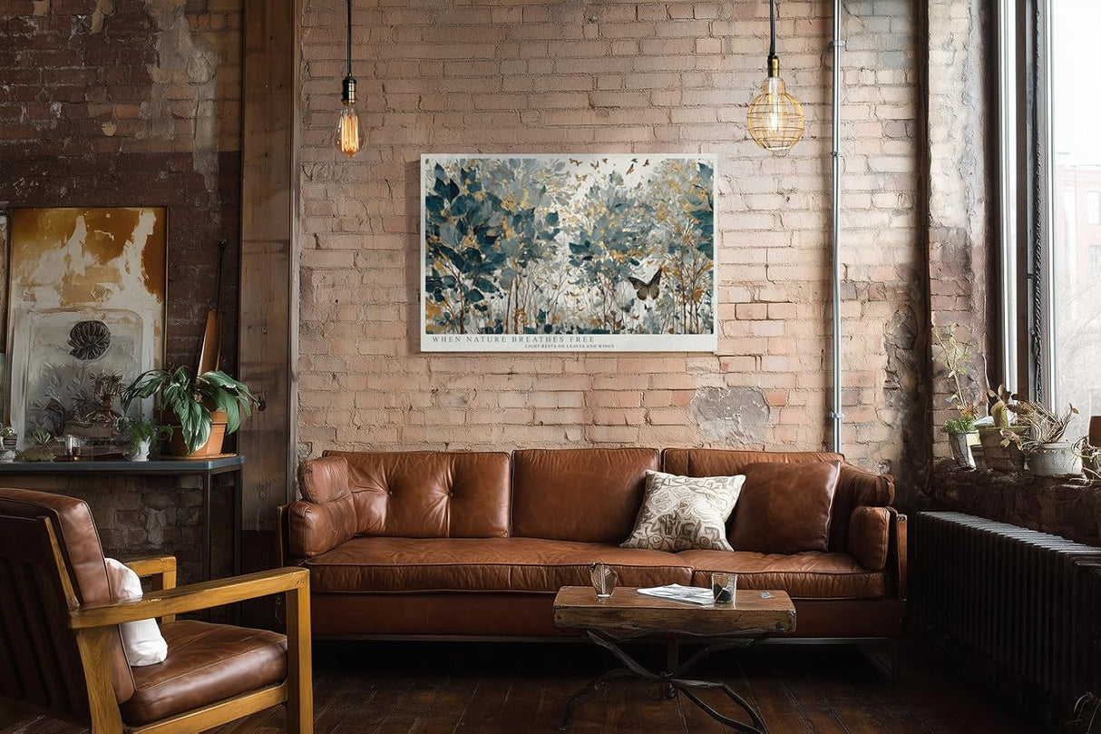 Paul Sinus Wandbild 120x80cm Naturillustration Blaetter und Schmetterlinge in Blau Gold Botanische Kunst Wanddekoration