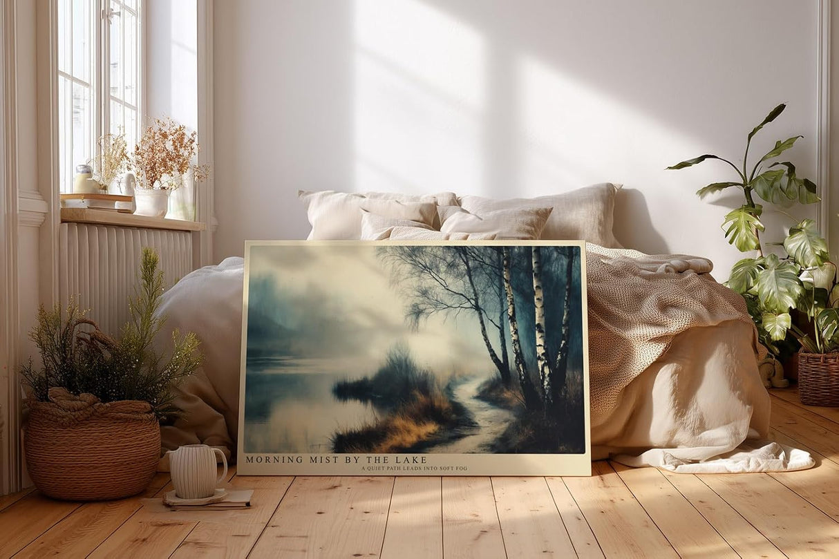 Paul Sinus Wandbild 120x80cm nebeliger See Landschaft Birken ruhige Natur Fotokunst modern Kunstdruck grosses Wandbild 120x80cm entspannende Wanddekoration fuer Wohnzimmer Büro