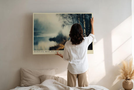 Paul Sinus Wandbild 120x80cm nebeliger See Landschaft Birken ruhige Natur Fotokunst modern Kunstdruck grosses Wandbild 120x80cm entspannende Wanddekoration fuer Wohnzimmer Büro