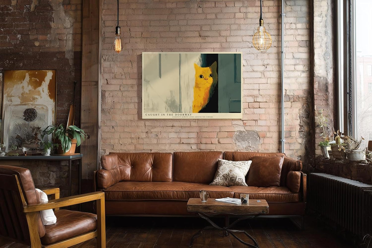 Paul Sinus Wandbild 120x80cm neugierige Katze im Tuerspalt moderne Tierillustration warme Farben stilvolle Wanddekoration fuer Wohnzimmer Kinderzimmer Büro