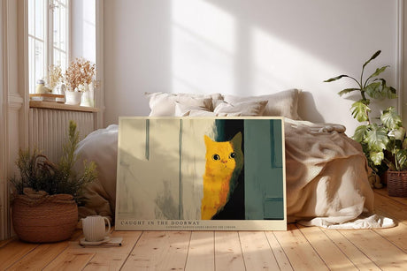Paul Sinus Wandbild 120x80cm neugierige Katze im Tuerspalt moderne Tierillustration warme Farben stilvolle Wanddekoration fuer Wohnzimmer Kinderzimmer Büro