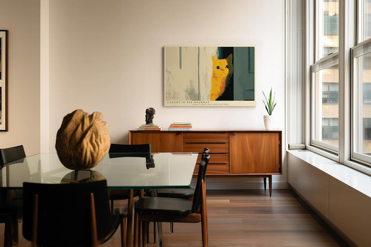 Paul Sinus Wandbild 120x80cm neugierige Katze im Tuerspalt moderne Tierillustration warme Farben stilvolle Wanddekoration fuer Wohnzimmer Kinderzimmer Büro