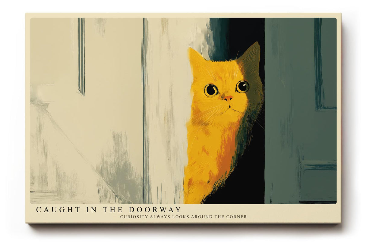 Paul Sinus Wandbild 120x80cm neugierige Katze im Tuerspalt moderne Tierillustration warme Farben stilvolle Wanddekoration fuer Wohnzimmer Kinderzimmer Büro