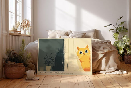 Paul Sinus Wandbild 120x80cm niedliche Katze Illustration minimalistische Tierkunst warmes gelb modernes Poster Bild stilvolle Wanddekoration fuer Wohnzimmer Schlafzimmer Flur Büro