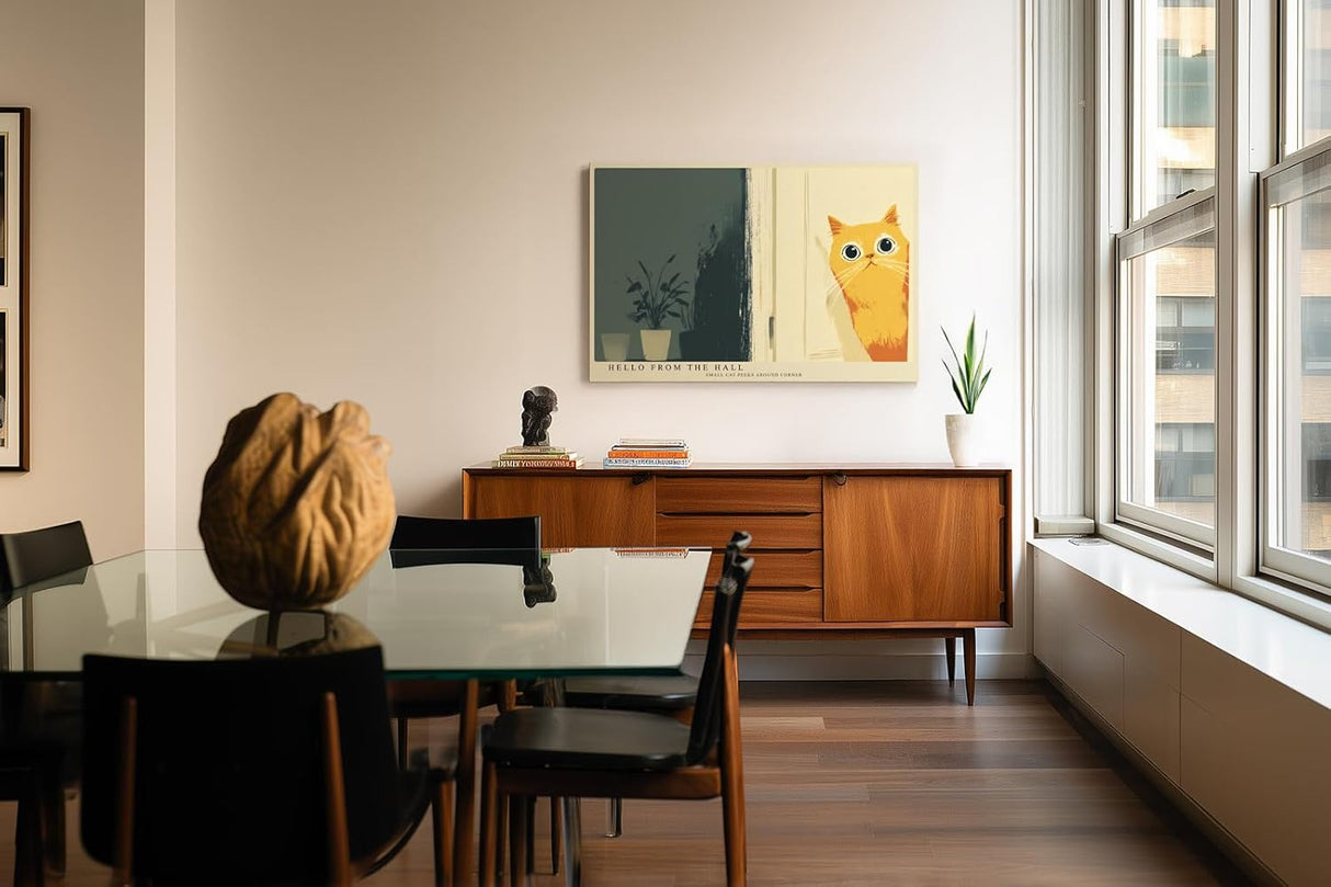Paul Sinus Wandbild 120x80cm niedliche Katze Illustration minimalistische Tierkunst warmes gelb modernes Poster Bild stilvolle Wanddekoration fuer Wohnzimmer Schlafzimmer Flur Büro