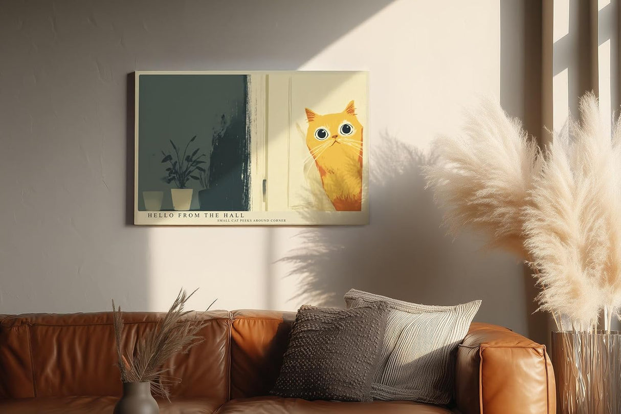 Paul Sinus Wandbild 120x80cm niedliche Katze Illustration minimalistische Tierkunst warmes gelb modernes Poster Bild stilvolle Wanddekoration fuer Wohnzimmer Schlafzimmer Flur Büro