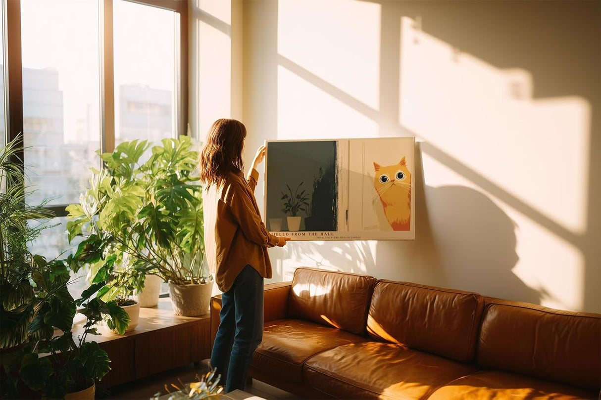 Paul Sinus Wandbild 120x80cm niedliche Katze Illustration minimalistische Tierkunst warmes gelb modernes Poster Bild stilvolle Wanddekoration fuer Wohnzimmer Schlafzimmer Flur Büro
