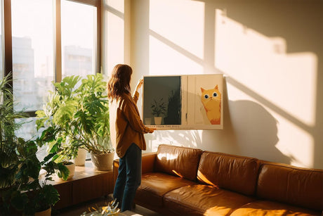 Paul Sinus Wandbild 120x80cm niedliche Katze Illustration minimalistische Tierkunst warmes gelb modernes Poster Bild stilvolle Wanddekoration fuer Wohnzimmer Schlafzimmer Flur Büro