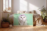 Paul Sinus Wandbild 120x80cm Niedliche weisse Katze mit Handtuch Kapuze charmantes Tierportraet