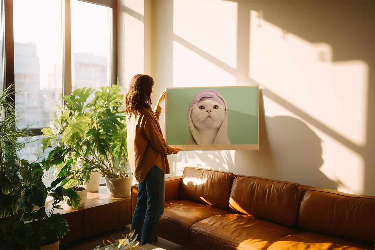 Paul Sinus Wandbild 120x80cm Niedliche weisse Katze mit Handtuch Kapuze charmantes Tierportraet