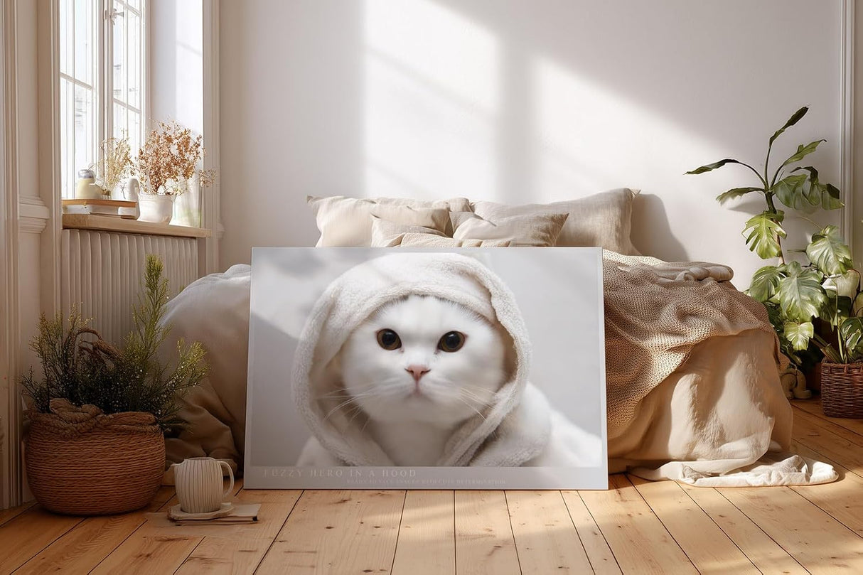 Paul Sinus Wandbild 120x80cm Niedliche weisse Katze mit Kapuze modernes Tierportraet