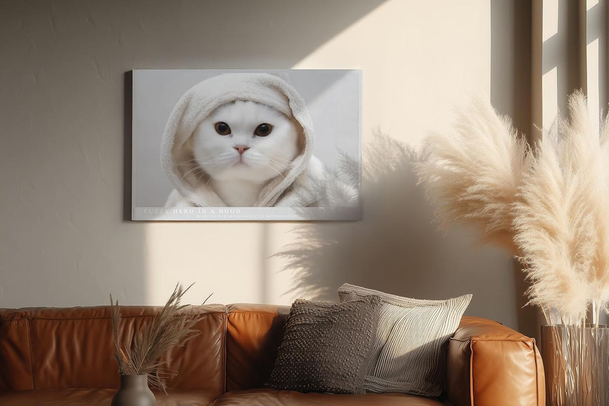 Paul Sinus Wandbild 120x80cm Niedliche weisse Katze mit Kapuze modernes Tierportraet