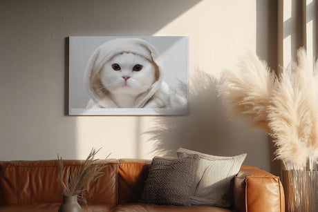 Paul Sinus Wandbild 120x80cm Niedliche weisse Katze mit Kapuze modernes Tierportraet