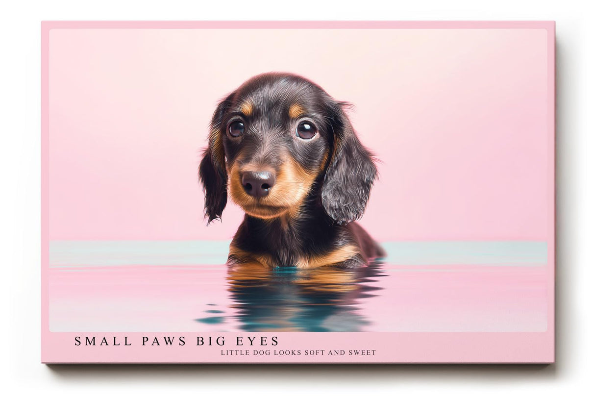 Paul Sinus Wandbild 120x80cm niedlicher Dackel Welpe Portrait moderne Tierfotografie rosa Hintergrund Kunstdruck stilvolle Wanddekoration fuer Wohnzimmer Kinderzimmer Büro