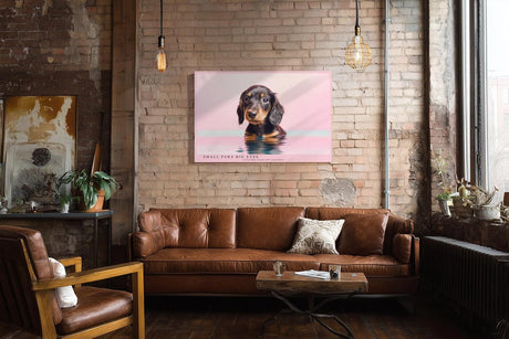 Paul Sinus Wandbild 120x80cm niedlicher Dackel Welpe Portrait moderne Tierfotografie rosa Hintergrund Kunstdruck stilvolle Wanddekoration fuer Wohnzimmer Kinderzimmer Büro