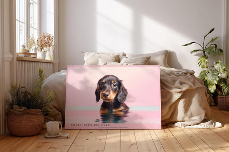 Paul Sinus Wandbild 120x80cm niedlicher Dackel Welpe Portrait moderne Tierfotografie rosa Hintergrund Kunstdruck stilvolle Wanddekoration fuer Wohnzimmer Kinderzimmer Büro