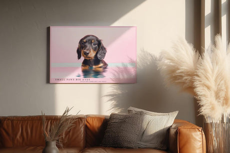 Paul Sinus Wandbild 120x80cm niedlicher Dackel Welpe Portrait moderne Tierfotografie rosa Hintergrund Kunstdruck stilvolle Wanddekoration fuer Wohnzimmer Kinderzimmer Büro