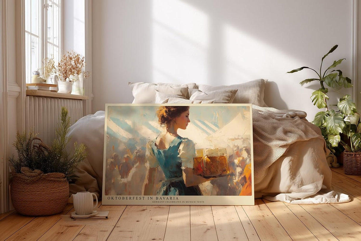 Paul Sinus Wandbild 120x80cm Oktoberfest Szene mit Kellnerin und Bierkrug Traditionelle Festkunst in warmen Farben fuer Wohnraum und Gastronomie