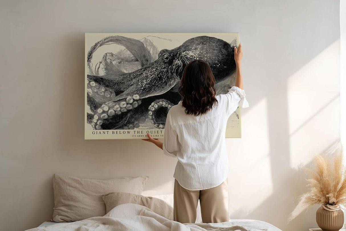 Paul Sinus Wandbild 120x80cm Oktopus Illustration Meereskunst Schwarz Weiss Vintage Naturstudie