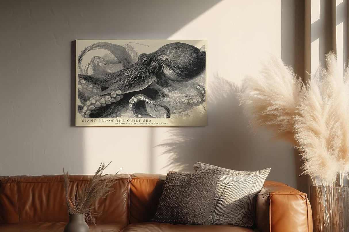 Paul Sinus Wandbild 120x80cm Oktopus Illustration Meereskunst Schwarz Weiss Vintage Naturstudie