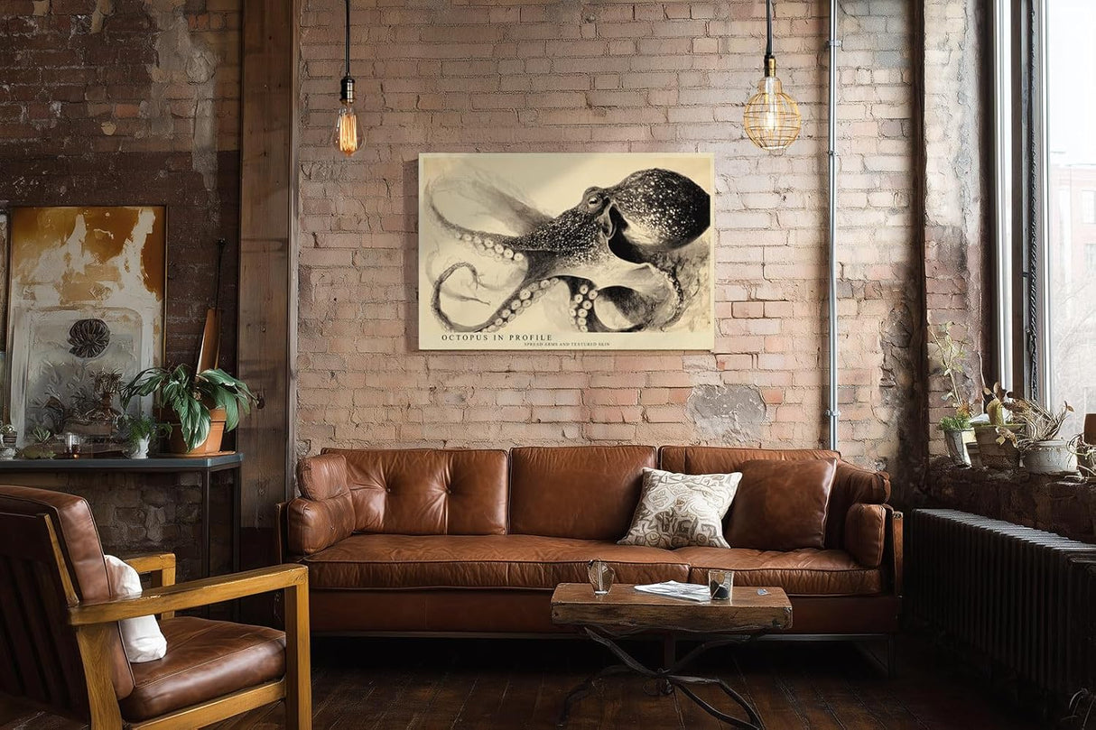 Paul Sinus Wandbild 120x80cm Oktopus Illustration Vintage Meereskunst Schwarz Weiss fuer Wohnzimmer Büro und maritime Einrichtung