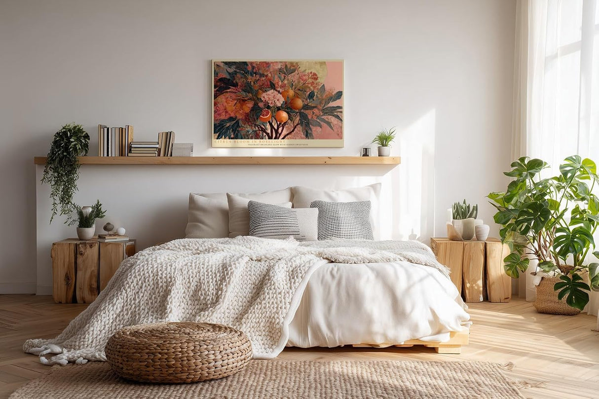 Paul Sinus Wandbild 120x80cm Orangenbaum mit Blueten und Fruechten Botanische Kunst in warmen Naturfarben
