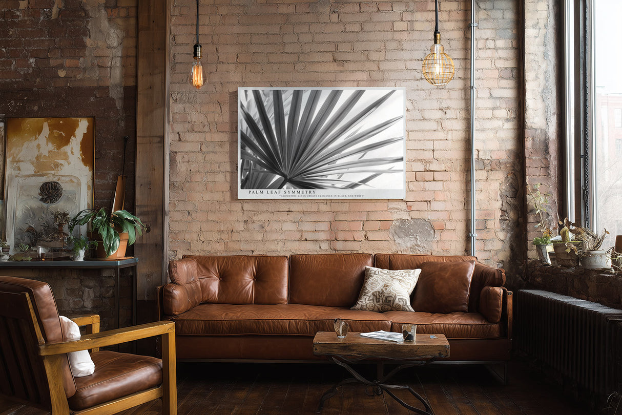 Paul Sinus Wandbild Palm Leaf Symmetry Schwarz-Weiß-Motiv eines Palmenblatts mit klarer Linienstruktur und eleganter, geometrischer Anordnung.
