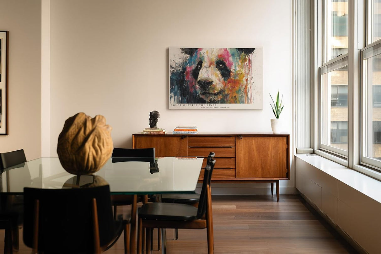 Paul Sinus Wandbild 120x80cm Panda Portrait abstrakte Tiermalerei buntes Farbspiel moderne Tierkunst expressive Wanddekoration fuer Wohnzimmer Büro