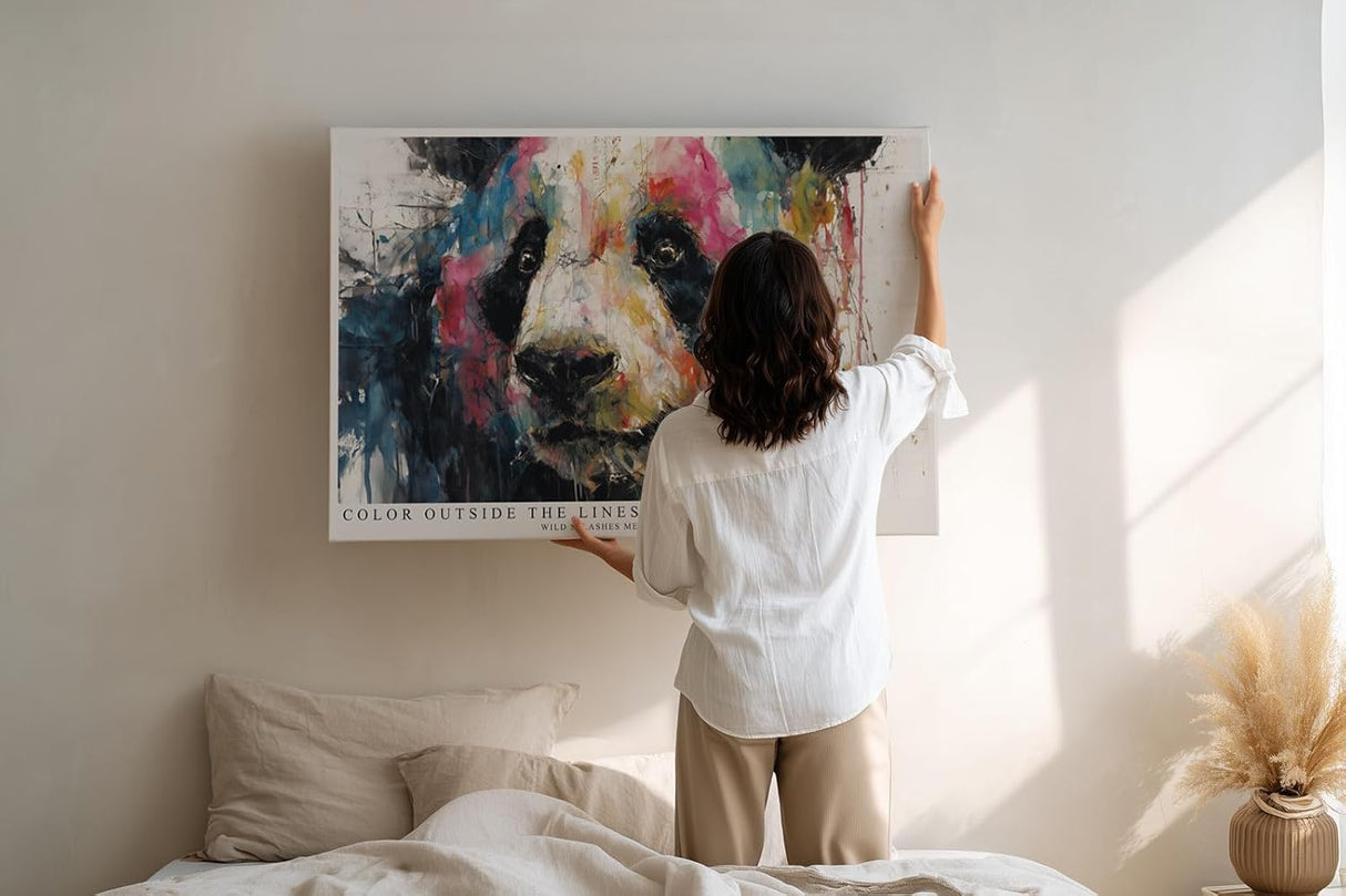 Paul Sinus Wandbild 120x80cm Panda Portrait abstrakte Tiermalerei buntes Farbspiel moderne Tierkunst expressive Wanddekoration fuer Wohnzimmer Büro