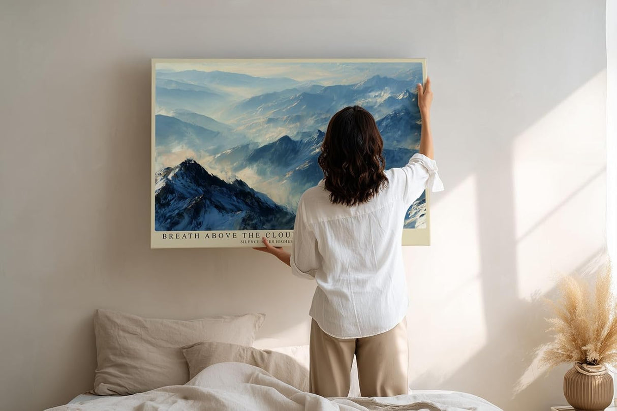 Paul Sinus Wandbild 120x80cm Panorama Berglandschaft ueber den Wolken Atmosphaerische Naturkunst in sanften Blau und Grautoenen