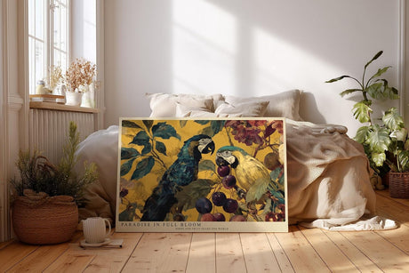 Paul Sinus Wandbild 120x80cm Papageien im Tropischen Garten Farbenfrohe Exotische Vogelkunst mit Früchten Natur Wanddekoration
