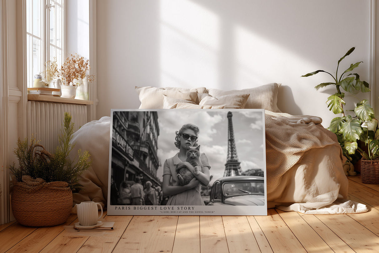Paul Sinus Wandbild Paris Biggest Love Story – Frau mit Katze vor dem Eiffelturm
