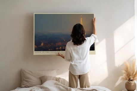Paul Sinus Wandbild 120x80cm Paris Eiffelturm Abendlicht romantische Stadt Fotokunst goldene Lichter modernes Stadtbild Wanddekoration fuer Wohnzimmer Büro