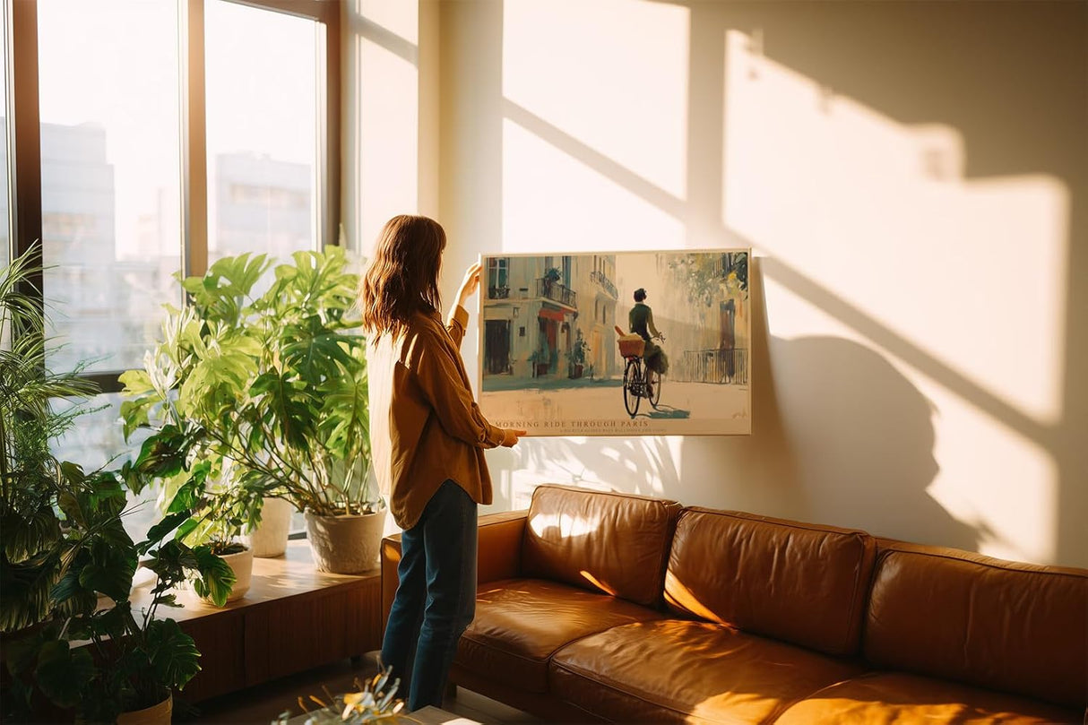 Paul Sinus Wandbild 120x80cm Paris Fahrrad Szene romantische Stadt Kunst Wanddekoration Paris Strasse Motiv Wohnzimmer Schlafzimmer