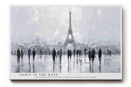 Paul Sinus Wandbild Paris in the Rain Eindrucksvolle Stadtszene von Paris im Regen mit Spaziergängern unter dem Eiffelturm in kühlen Grautönen.