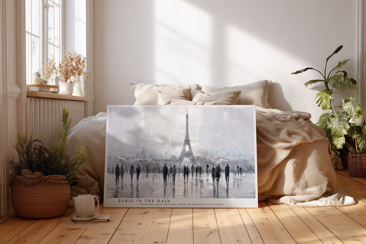 Paul Sinus Wandbild Paris in the Rain Eindrucksvolle Stadtszene von Paris im Regen mit Spaziergängern unter dem Eiffelturm in kühlen Grautönen.