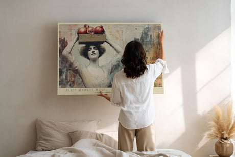 Paul Sinus Wandbild 120x80cm Paris Markt Frau Vintage Collage LeinWandbild 120x80cm Französische Stadt Kunst Wanddekoration