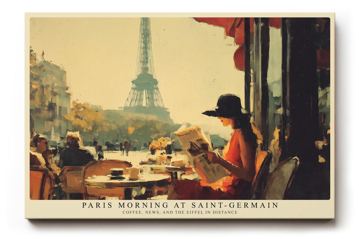 Paul Sinus Wandbild 120x80cm Paris Morning at Saint Germain Café Szene mit Eiffelturm und Zeitung Kunst Poster für Wohnzimmer Küche