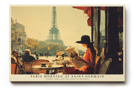 Paul Sinus Wandbild 120x80cm Paris Morning at Saint Germain Café Szene mit Eiffelturm und Zeitung Kunst Poster für Wohnzimmer Küche