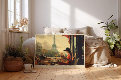 Paul Sinus Wandbild 120x80cm Paris Morning at Saint Germain Café Szene mit Eiffelturm und Zeitung Kunst Poster für Wohnzimmer Küche