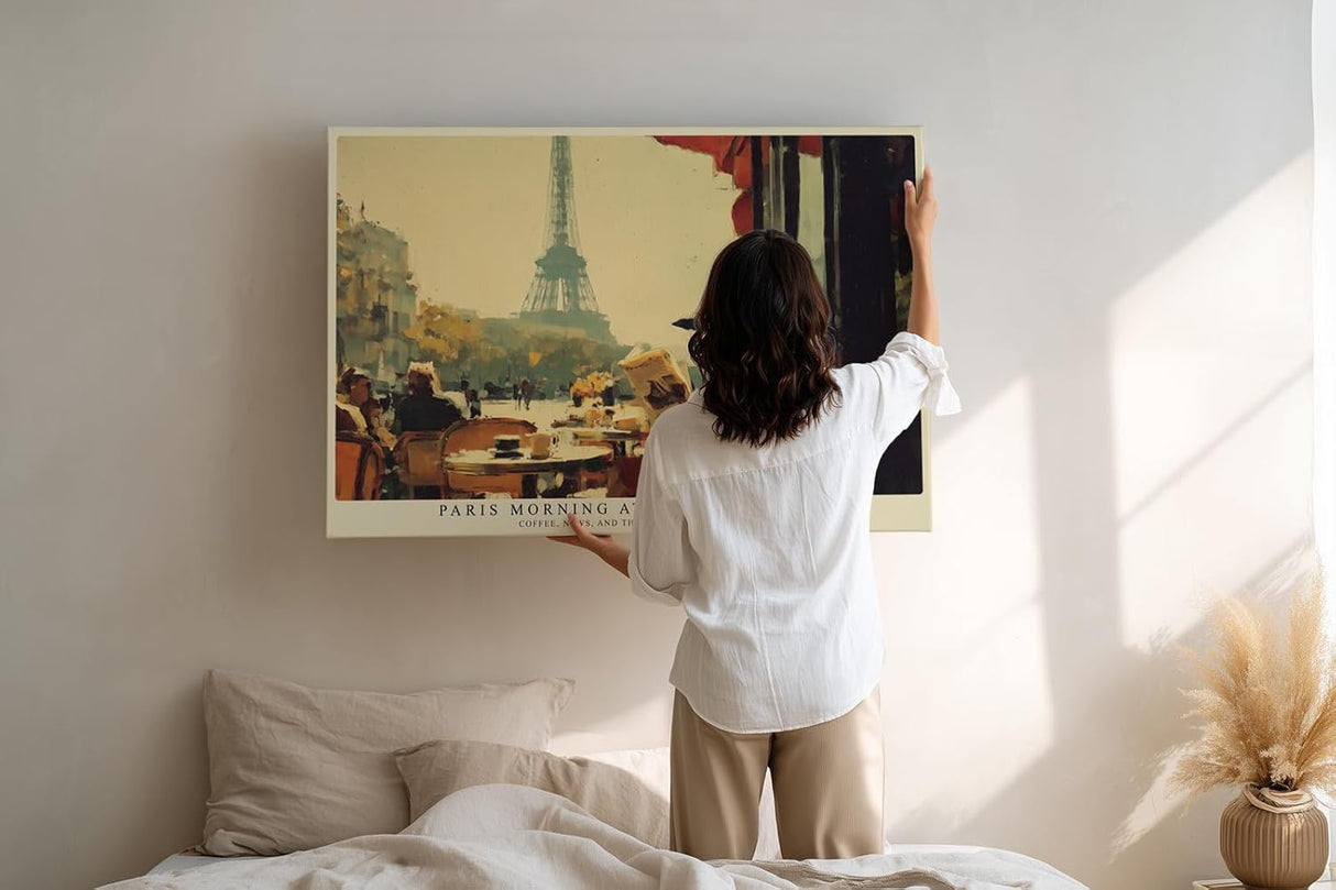 Paul Sinus Wandbild 120x80cm Paris Morning at Saint Germain Café Szene mit Eiffelturm und Zeitung Kunst Poster für Wohnzimmer Küche