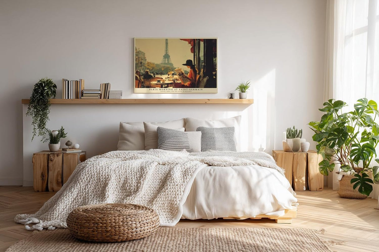 Paul Sinus Wandbild 120x80cm Paris Morning at Saint Germain Café Szene mit Eiffelturm und Zeitung Kunst Poster für Wohnzimmer Küche