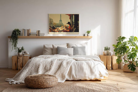 Paul Sinus Wandbild 120x80cm Paris Morning at Saint Germain Café Szene mit Eiffelturm und Zeitung Kunst Poster für Wohnzimmer Küche