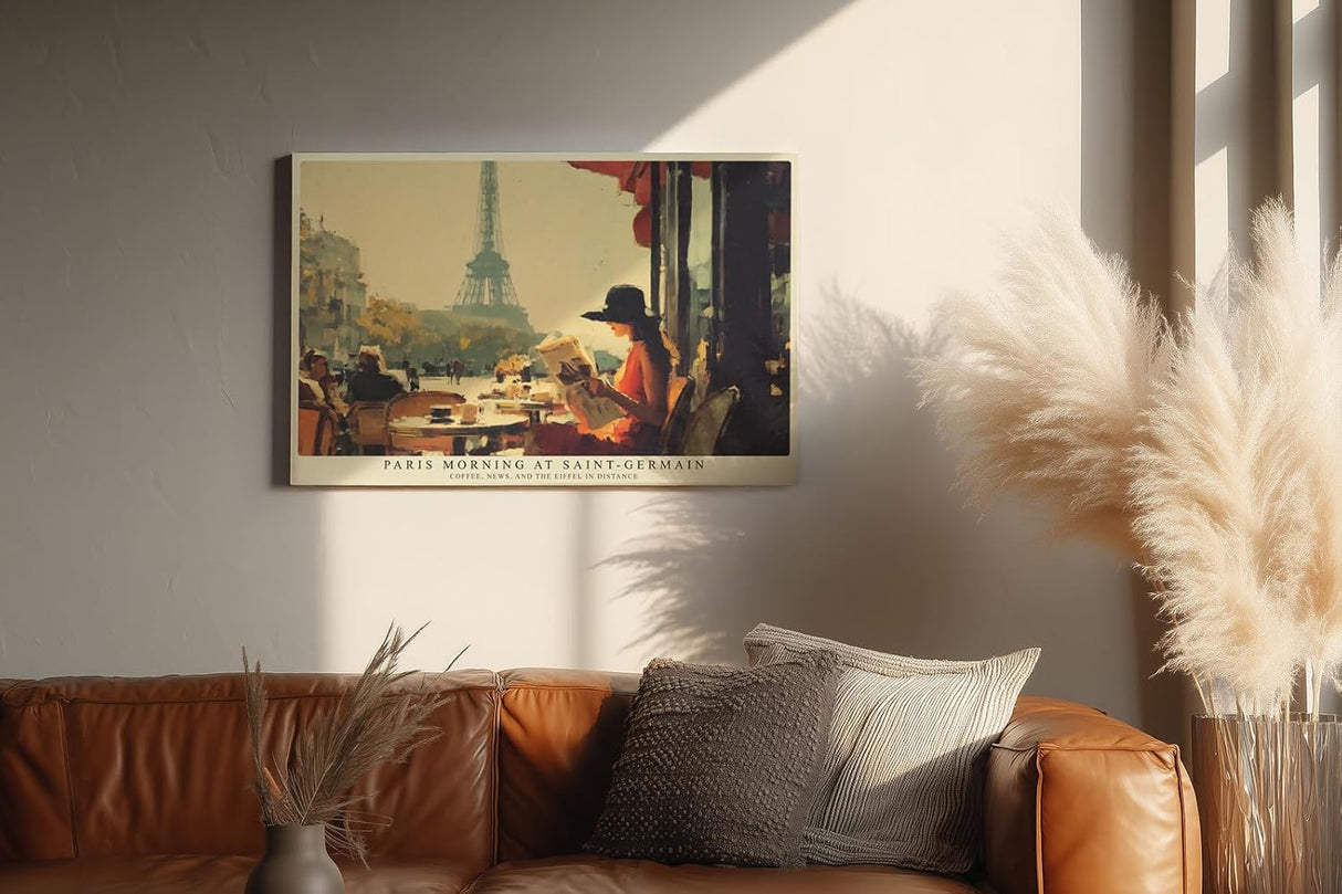 Paul Sinus Wandbild 120x80cm Paris Morning at Saint Germain Café Szene mit Eiffelturm und Zeitung Kunst Poster für Wohnzimmer Küche