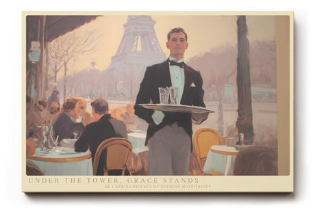 Paul Sinus Wandbild 120x80cm Pariser Cafe Szene mit Kellner und Eiffelturm stilvolle Stadtkunst fuer elegante Wohnräume