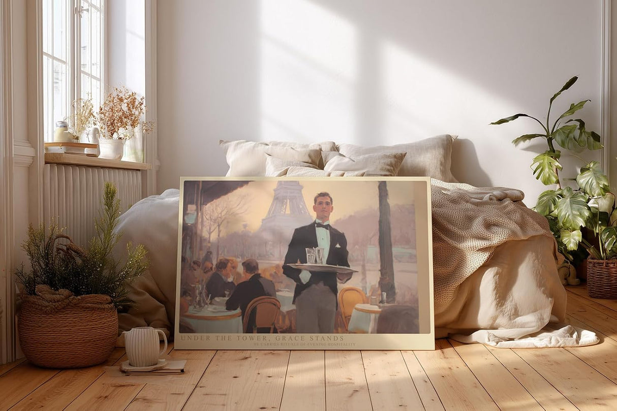 Paul Sinus Wandbild 120x80cm Pariser Cafe Szene mit Kellner und Eiffelturm stilvolle Stadtkunst fuer elegante Wohnräume