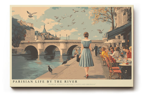 Paul Sinus Wandbild Parisian Life by the River – Romantische Straßenszene am Pariser Ufer mit Frau, Brücke und Cafés, Sinnbild für Eleganz und Lebensfreude