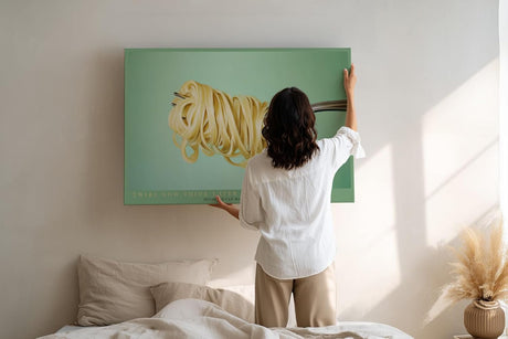 Paul Sinus Wandbild 120x80cm Pasta auf Gabel Food Illustration moderne Küchenkunst minimalistische Nudel Darstellung stilvolles Küchenbild für Küche Esszimmer Restaurant
